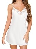 Lovasy Camisón Sexy Mujer Saten Camisón Babydoll Corto Tirantes Ajustable Cuello V Encaje Verano Camisones,Blanco,L