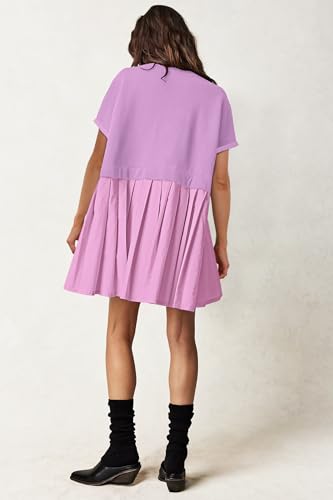 Image of SAUKOLE Womens Summer Crew Neck Short Sleeve Dress Patchwork Pleated A Line Beach Mini Dress