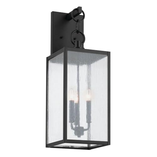 KICHLER Lahden 26" Outdoor Lantern Lodge 3 Light Wall Light Fixture with Clear Seeded Glass Panels in Textured Black for Porch, Patio or Garage Entrance (10" x 9" x 26") 59009BKT