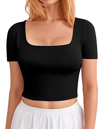 CLOZOZ Short Sleeve Square Neck Crop Tops for Women Basic Slim Fit Cropped T-Shirt