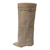 ticticlily Bottes à Revers Femme Mollets Larges Bottines Hiver Cowboy Boots Hautes pour Bureau Mariages A Abricot 39 EU