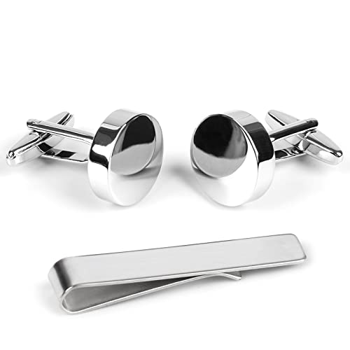 Cufflinks For Men Silver Blank Cuff Links And Tie Clip Set Gifts For Men Father Lover (Round) #TOP2