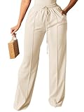 AUGCONE Women's Sweatpants Wide Leg Sweat Pants Straight Leg Baggy Fleece Lined Athletic with Pockets(Beige, M)