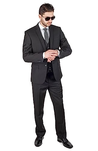 AZAR MAN Slim Fit 3 Piece Vested Solid Black 2 Button Notch Label2