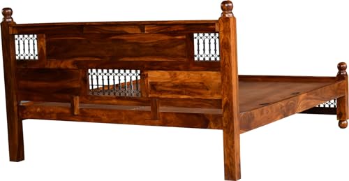Image of Solid Sheesham Wood King Size Bed Without Storage | Wooden Double Bed Frame for Guest Room Modern Handcrafted & with Headboard | Walnut Finish