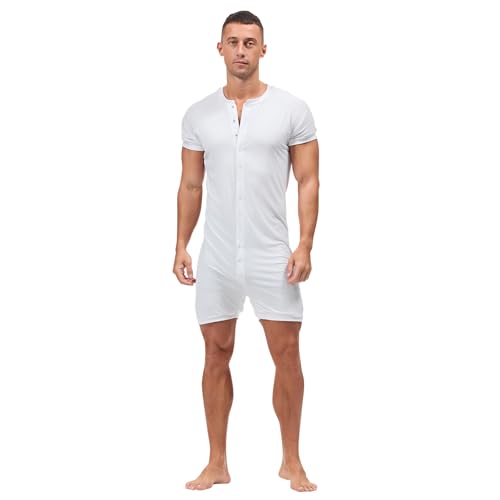 HEAVYWOOD Mens Romper Short Sleeve Onesie Jumpsuit Pajamas Henley Stretchy Silk One Piece Garment Sleepwear