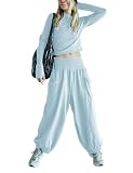 Megfie Womens Lounge Sets Long Sleeve Cropped Tops Wide Leg Sweatpants Tracksuit with Pockets Two Pieces Outfits(0843-LightBlue-S)
