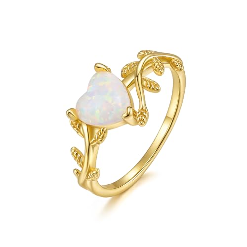 EVER FAITH 925 Sterling Silver Created Gemstone White Heart Opal Statement Rings, Dainty Gold Vine Leaf Wedding Promise Band Ring Anniversary Birthday Jewelry for Women Bride Size 6-8