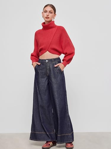 Image of CIDER Cropped Sweaters for Women Turtleneck Sweater Long Sleeve Ribbed Knit Lantern Sleeve Pullover Fall Outfits: Red, S