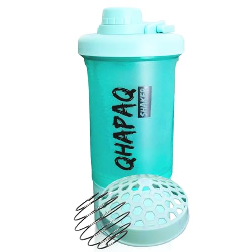 QHAPAQ Blender Bottle Protein Shaker 500ml – Vaso Coctelera shaker con bola batidora, compartimiento para polvos, sin BPA, tapa rosca, sin fugas, ideal para gym, fitness y rehabilitación. (Verde)