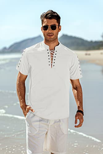 Coofandy Mens Linen Shirt Short Sleeve Beach Lace Up Hippie Shirt Casual Summer Tee Tops White #TOP4