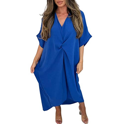 Image of Ladies Plain Batwing Sleeve V-Neck Baggy Long Lightweight Midi Dress Women’s V-Neck Tie Knot Twist Front Oversized Long Soft Touch Summer Smock Midi Dress (Royal Blue, UK 22)
