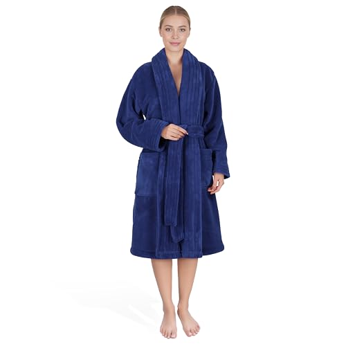 Image of American Soft Linen Women's Fleece Bathrobe - Luxury Soft, Plush, Fuzzy & Warm Turkish Robe for Women, Cozy Spa Quality Adult Bathroom Lounge Robe, Navy L