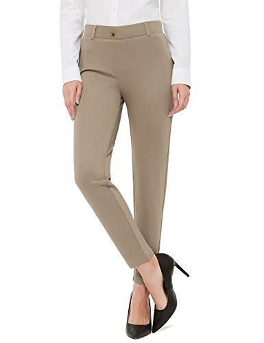FIRST WAY Stretchy Women's Skinny Dress Pants for Office Work Casual Pull-on Curvy Fit Career Pants Khaki XL
