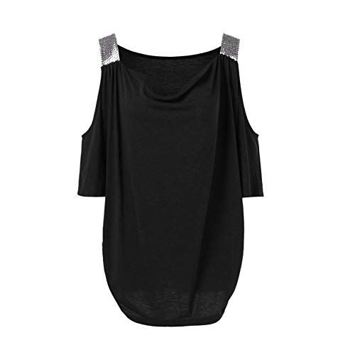 Women\'s Plus Size Sequin Strap Splicing Cold Shoulder Tunic Top Short Sleeve V Neck Basic T Shirts Blouse Pullovers Black - Thumbnail 6