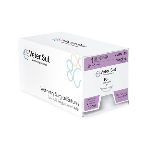 Image of VeterSut VetCRYL Absorbable Polyglactin Surgical Suture USP Size 1, (FSL) 3 /8 30mm Reverse Cutting Needle, 36 Inches (90 cm), 12 Count, Veterinary Use