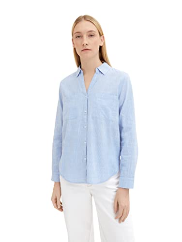TOM TAILOR Damen Bluse Mit Streifen & Brusttaschen – Viskose, Regular Fit, 3/4-Arm