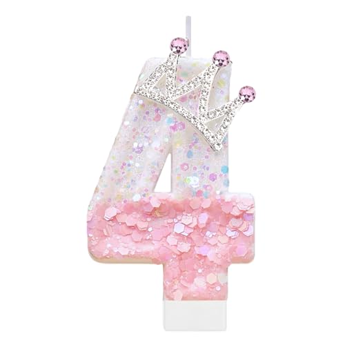 Pink Birthday Number 4 Candle for Cake, Pink Crown Cake Topper Princess Birthday Party Decorations...