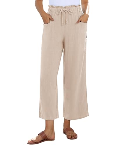 Image of siliteelon Wide Leg Linen Pants for Women Summer Capri Palazzo Flowy Pants Casual Loose High Waist Trousers with Pockets