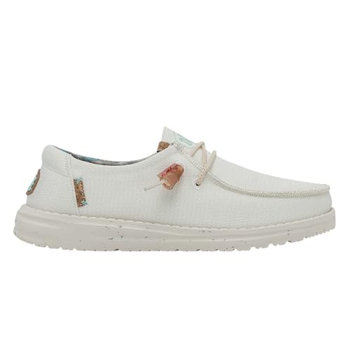 Image of HEYDUDE Women's Wendy Knit Slip On Shoe, White Size 9 | Lightweight Casual Loafer with Elastic Laces and Flex & Fold Outsole