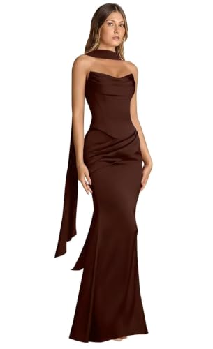 WDBFY Strapless Satin Bridesmaid Dresses with Scarf Brown 0