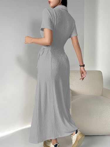 Image of Shasmi Women's Solid Color Applique Lace-Up Collared Short Sleeve, Side-Tie Waist Long Casual Maxi Women Dress Outfit Long Evening Midi Western Party Dress for Women (Dress 211)