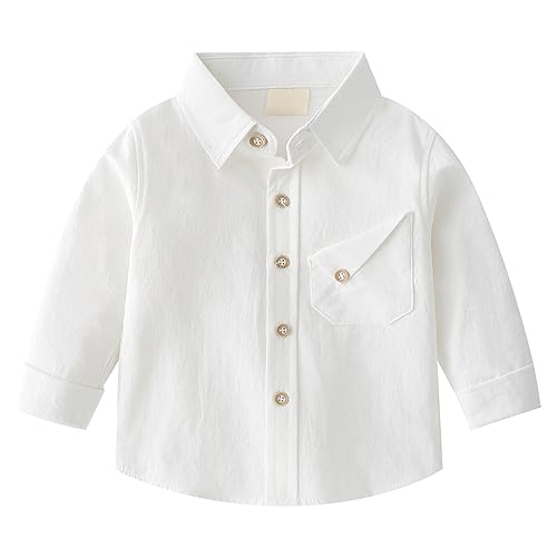 Bebé Recién Nacido Niños Otoño E Invierno Camisa Color Sólido Bolsillos Irregulares Diseño de Flores de Boda Diaria Chico Trajes Camisa 128, Blanco, 12-18 Meses