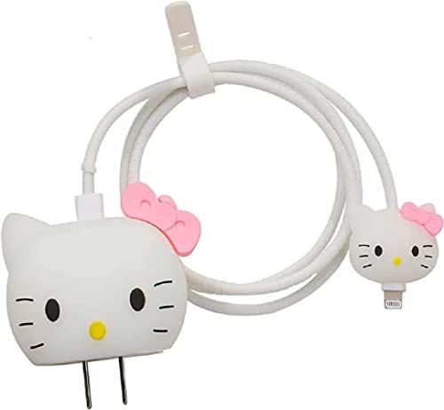 Image of Meyaar Silicone Protective Case for Apple 20W & 18W iPhone USB-C Power Adapter Charger and for USB Lightning Cable, 3D Cartoon Case for iPhone Charger 18W /20W Only (Kitty (White))