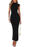 PRETTYGARDEN Women's Summer Maxi Dress Ruched Bodycon Sleeveless Formal Wedding Guest Elegant Cocktail Party Slit Fitted Long Dresses Black S