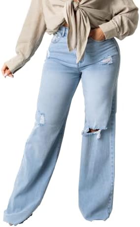 Joriou Casual Women's Ripped Wide Leg Jeans Distressed Baggy Denim Pants Light Blue XL