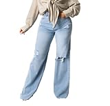 Joriou Casual Women's Ripped Wide Leg Jeans Distressed Baggy Denim Pants Light Blue XL