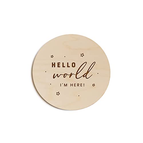 Image of The Cotton & Canvas Co. Hello World I'm Here with Stars Newborn Baby Announcement, Nursery Sign, Nursery Decor, Baby Shower, Modern, Wooden Plaque, Birth Prop