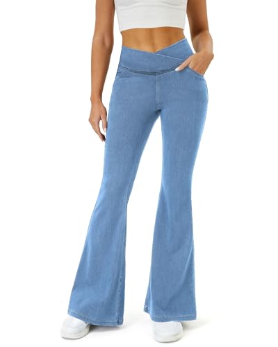 Bell Bottom Jeans for Women Trendy Crossover Stretchy Jeans Flare Leggings with Pockets Y2k Butt Lifting Jeggings Light Wash