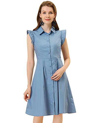 Image of Allegra K Women's Ruffled Sleeve Casual Office Dress Tie Waist Button Down Cotton Shirt Dresses Small Dusty Blue