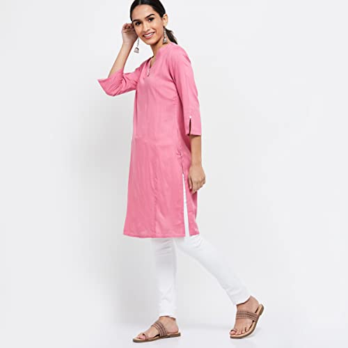 Image of Max Women Rayon Regular Solid Three-Quarter Sleeves Straight Kurta
