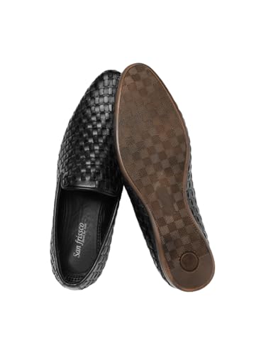Image of San Frissco Leather Basketweave Handcrafted Leather Slip-Ons Regular Styling Cushioned Footbed|Comfortable Fashionable Stylish Flexible for Men