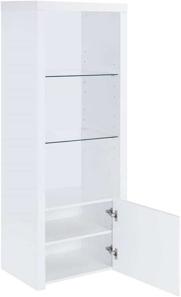 Pemberly Row 3-Shelf Modern Wood Media Tower, 63" H x 23.5" W x 15.5" D, High Gloss White Finish, Clear Tempered Glass Shelves, Lower Cabinet with 1 Door, Adjustable Storage for Media or Decor