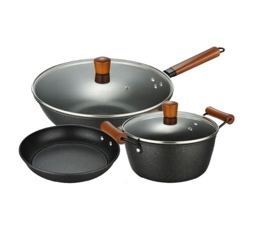 Batería de Cocina Mangos Juego De Utensilios Cocina 3 Uds, Olla Para Sopa Con Tapa Vidrio, Sartén Wok, Piedra Medicinal, Hierro Forjado, Ollas Antiadherentes Para Juego de Ollas Utensilios