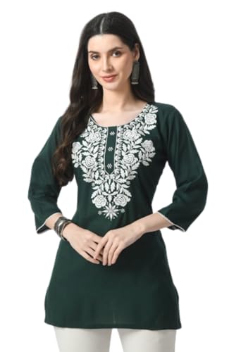 Image of LIBOZA Kurti for Women - Short Chikankari Kurtis for Girls, Lakhnawi Tunic Top Kurta Design for Ladies, Woman Ethnic Kurthis & Shirt with Sleeve