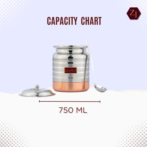 Image of Stainless Steel Oil /Ghee Jar Ghee Container Oil Pot Ghee Container With Spoon Copper Bottom Finish (750 Ml), Blue-Violet