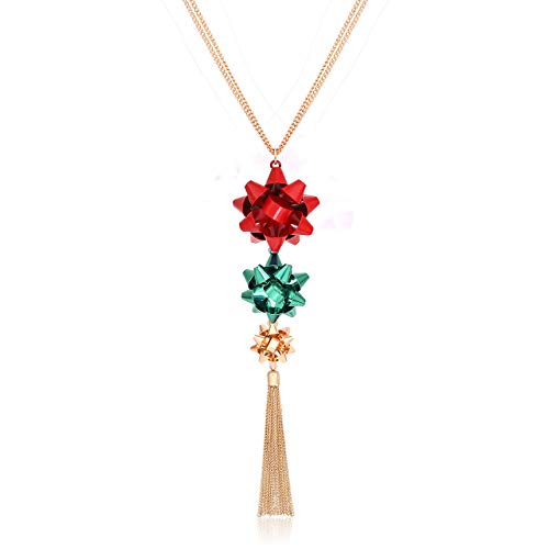 CEALXHENY Christmas Necklace for Women Festive Bow Pendant Necklaces Delicate Chain Tassel Necklace Long Necklace for Girls (Red+Green+Gold)