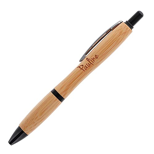 Biros de bambú grabados a medida - Bolígrafo con texto grabado a elección - Biros clásicos de madera y plástico negro Cover