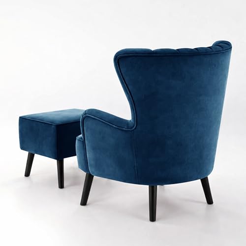 Image of Rosebell Velvet Accent Chair with Ottoman - Modern Upholstered Lounge Chair with High Back, Tufted Design & Comfortable Reading Chair for Living Room, Bedroom, Office-Blue