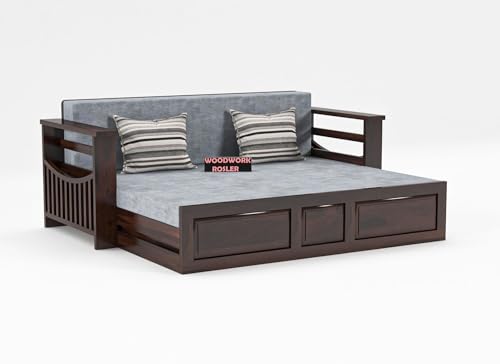 Image of Solid Sheesham Wooden Sofa Cums Bed with Mattresses for Living Room|Rosewood 3-Person Sofa Cums Bed for Bedroom Without Pillow (E-Walnut Finish)