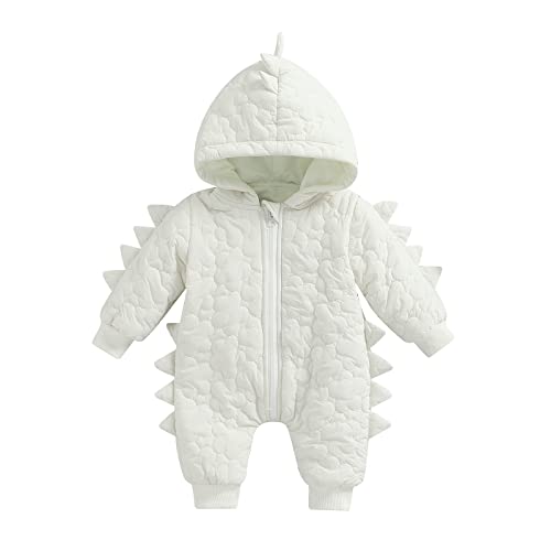 Merqwadd Newborn Baby Boy Girl Snowsuit Dinosaur Hooded Jumpsuit Warm Onesie Cute Zipper Romper Infant Snowsuit (Dinosaur-Ivory,3-6 Months) #TOP15