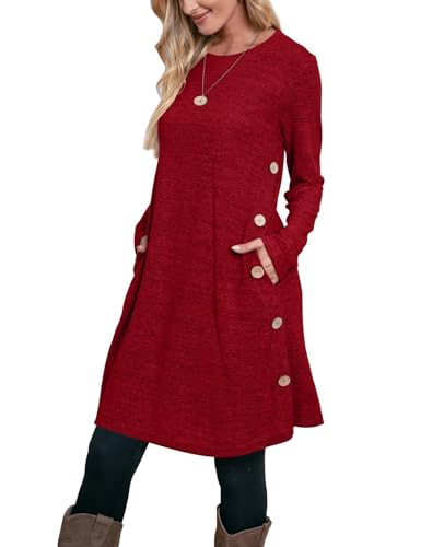 Winter Dresses for Women Long Sleeve Dress Sweater Dress Buttons Side Red S