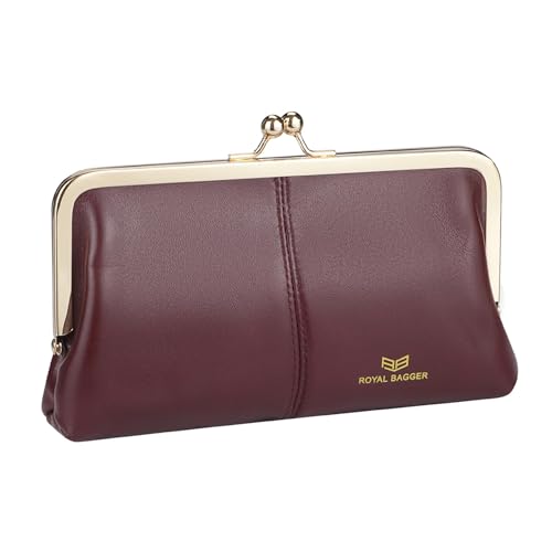 Image of Royal Bagger RFID Kiss Lock Wallet, Solid Color Multi-card Slots Card Holder, Genuine Cow Leather Clutch Purses for Women 1468 (Wine Red (2468))