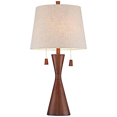 360 Lighting Omar Mid Century Modern Chic Style Table Lamps 28.75" Tall Set Of 2 Warm Brown Wood Oatmeal Tapered Drum Shade Decor For Living Room Bedroom House Bedside Nightstand Home #TOP2