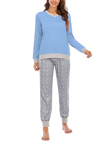 Pyjamas femme ensembles manches longues à pois bleu ciel XL