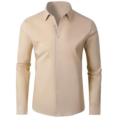 Mens Dress Shirts 4-Way Stretch Long Sleeve Slim Fit Formal Shirt Business Casual Wedding Dating Button Down Shirts 3X-Large 00119_wheat
